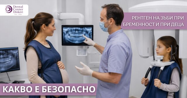 Бременна жена и дете с оловни престилки преди рентген на зъби в дентален кабинет